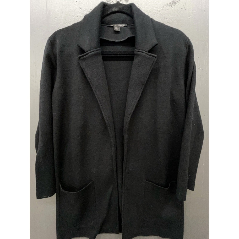 Boston Proper Sweater S Black Long Open Front Stretchy Pockets Preppy Minimalist